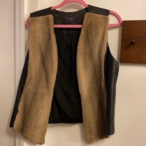 Faux Fur Vegan Leather Trim Vest Sz M